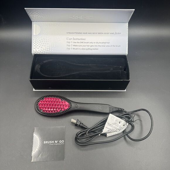 SHE Beyond the Beauty Brush N Go Pink Black Ceramic Heat Brush Straightener - Picture 1 of 6